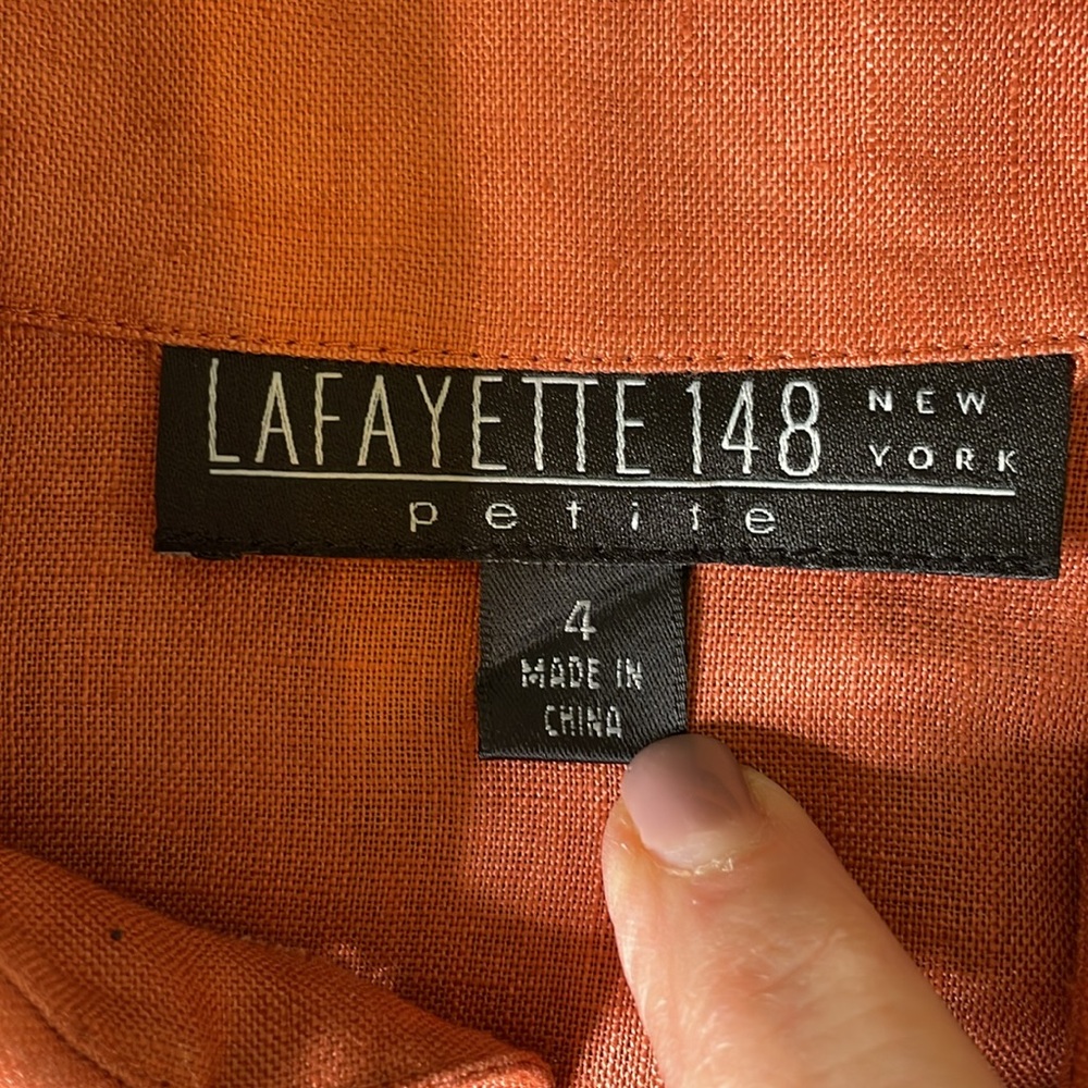 Lafayette 148 Coral Embroidered Button Front Belted Linen Blouse Size 4 Petite - Picture 9 of 12